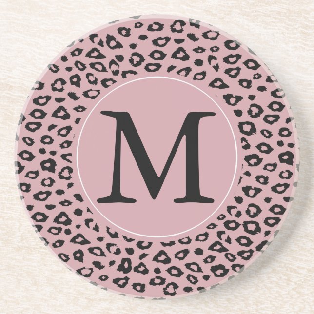 Pink Black Leopard Print Monogram Coaster (Front)