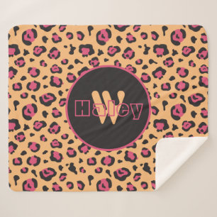 Pink Black Leopard Print Monogram Sherpa Blanket