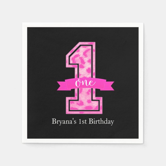 Pink & Black Leopard Print One 1st Birthday Party Napkin (Front)