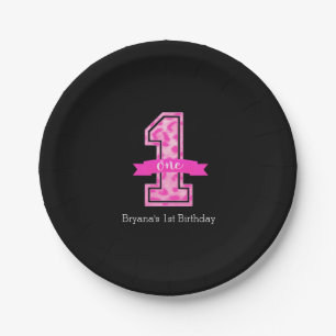 Pink & Black Leopard Print One 1st Birthday Party Paper Plate