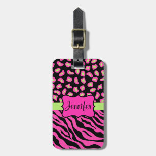 Pink, Black & Lime Green Zebra & Cheetah Skins Luggage Tag