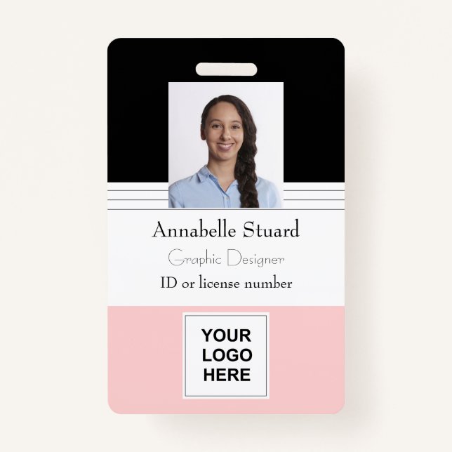 Pink Black Lined Name photo employee corporate ID Badge (Front)