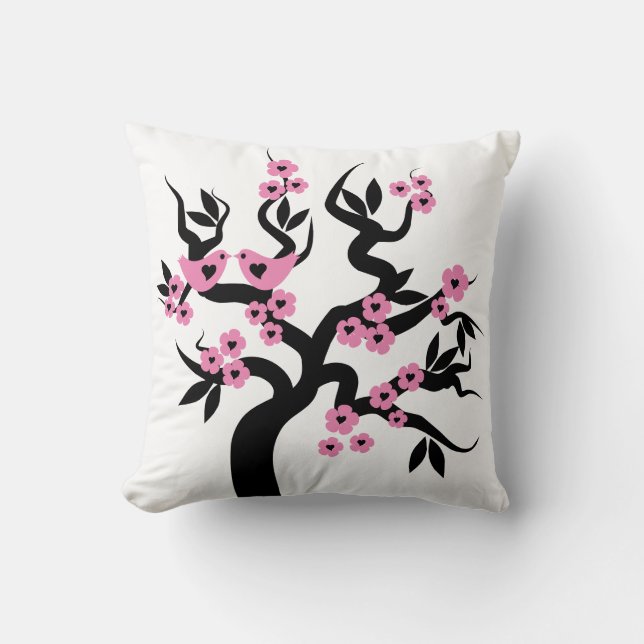 Pink black Love birds sakura cherry tree  blossoms Cushion (Front)