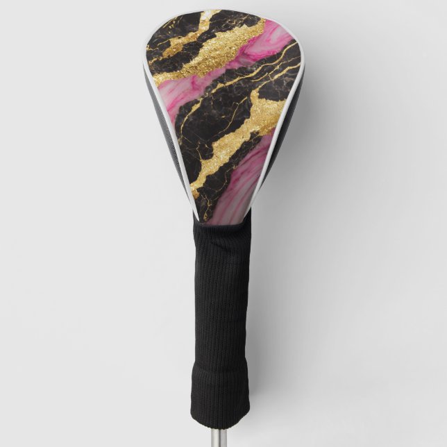 Pink Black Marble Pattern with Gold Golf Head Cover (Front)