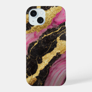 Pink Black Marble Pattern with Gold iPhone 15 Case