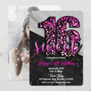 Pink Black Marble Sweet 16 Birthday Party Photo Invitation