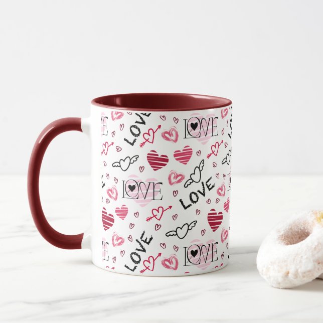 Pink Black Marroon Hearts Love Pattern Mug (With Donut)