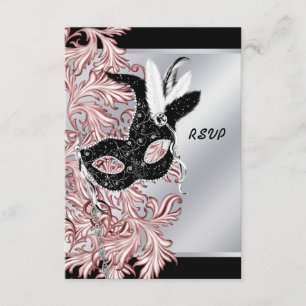 Pink Black Mask Pink Black Masquerade Party RSVP Card