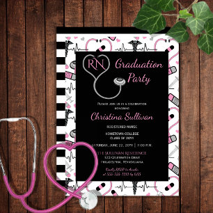 Pink Black Medical Nurse Graduation Party Invitation