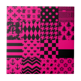 Pink Black Mixed Patterns Patchwork Design Ceramic Tile