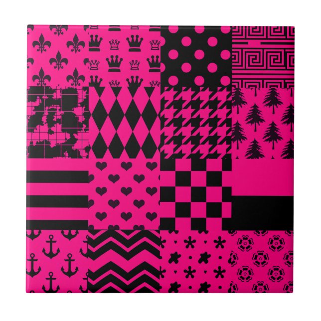 Pink Black Mixed Patterns Patchwork Design  Ceramic Tile (Front)