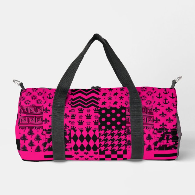 Pink Black Mixed Patterns Patchwork Design  Duffle Bag (Front)