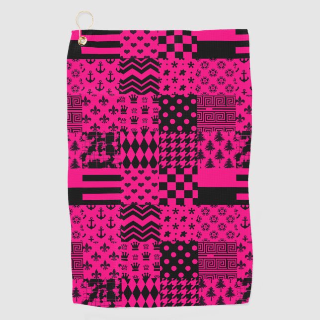 Pink Black Mixed Patterns Patchwork Design  Golf Towel (Front)