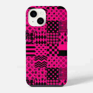 Pink Black Mixed Patterns Patchwork Design iPhone 14 Case