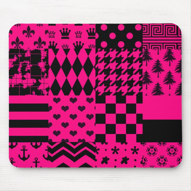Pink Black Mixed Patterns Patchwork Design  Mouse Pad (Front)
