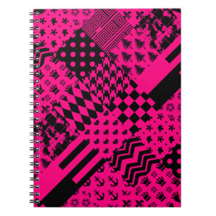 Pink Black Mixed Patterns Patchwork Design Notebook