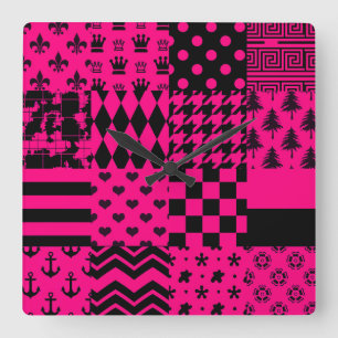 Pink Black Mixed Patterns Patchwork Design Square Wall Clock