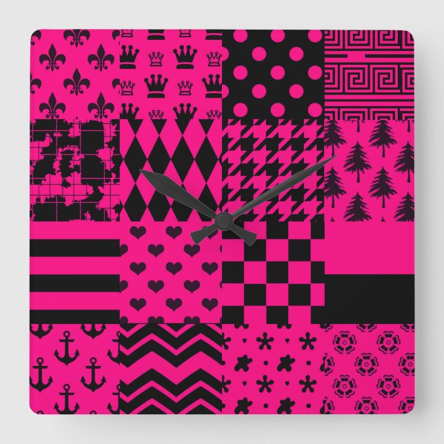 Pink Black Mixed Patterns Patchwork Design  Square Wall Clock (Front)