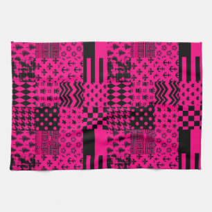 Pink Black Mixed Patterns Patchwork Design Tea Towel