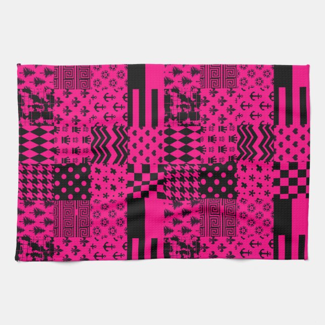 Pink Black Mixed Patterns Patchwork Design  Tea Towel (Horizontal)