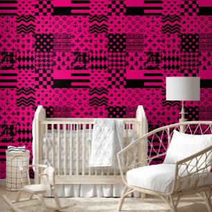 Pink Black Mixed Patterns Patchwork Design  Wallpaper