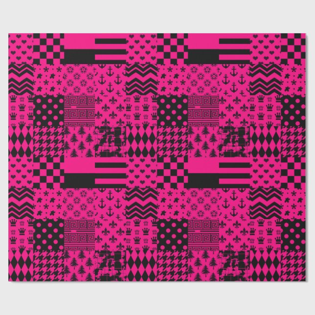 Pink Black Mixed Patterns Patchwork Design  Wrapping Paper (Flat)