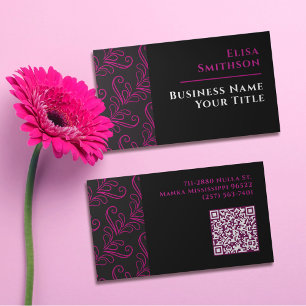 Pink & Black Modern Elegant Girly Damask Pattern Business Card
