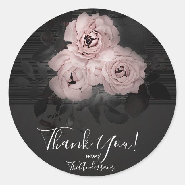 Pink & Black Modern Glam Floral Chic Favour Classic Round Sticker (Front)