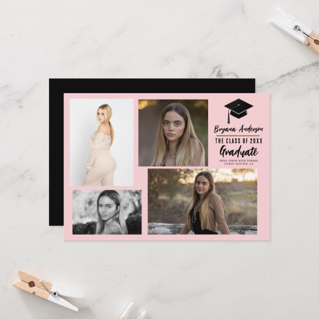Pink Black Modern Graduation 4 Photo Announcement (Front/Back In Situ)