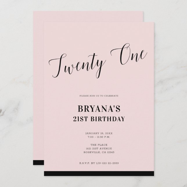 Pink & Black Modern Minimal Script 21 Twenty One Invitation (Front/Back)