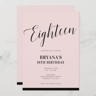 Pink Black Modern Minimal Script Eighteen 18 18th Invitation
