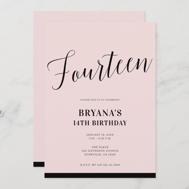 Pink Black Modern Minimal Script Fourteen 14 14th Invitation (Front/Back)