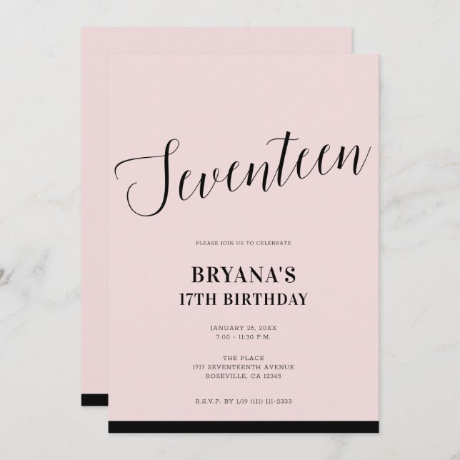 Pink Black Modern Minimal Script Seventeen 17 17th Invitation (Front/Back)