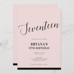 Pink Black Modern Minimal Script Seventeen 17 17th Invitation