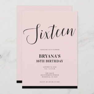 Pink & Black Modern Minimal Script Sweet 16  Invitation
