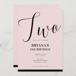 Pink Black Modern Minimal Script TWO 2ND Birthday Invitation