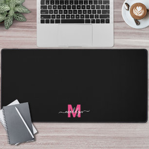 Pink Black Modern Minimalist Name Monogram Desk Mat