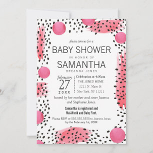Pink Black Modern Watercolor Abstract Baby Shower Invitation