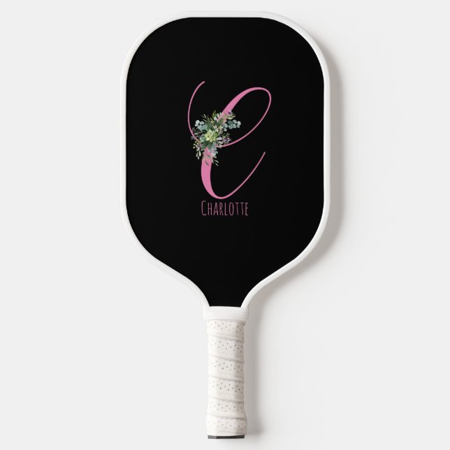 Pink black monogram flower letter C Pickleball Paddle (Front)