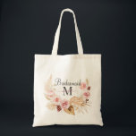 Pink Black Monogram Initial Script Name  Tote Bag<br><div class="desc">A cute modern bridesmaid gift tote bag with bridesmaid's name in pink script monogram with a pink floral laurel.</div>