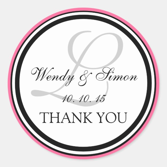 Pink Black Monogram L Wedding Thank You Classic Round Sticker (Front)