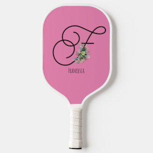 Pink black monogram watercolor flower pickleball paddle
