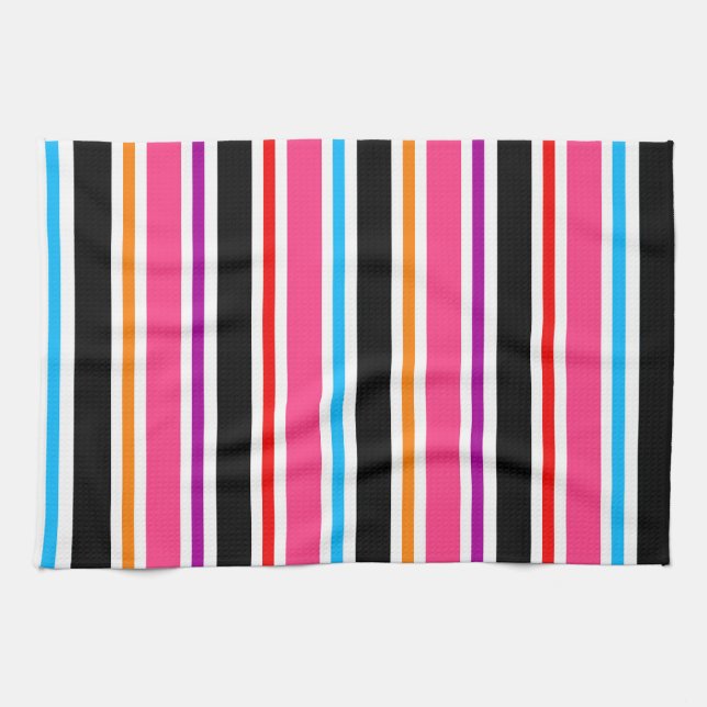 Pink Black Multi-coloured Colours Stripes Tea Towel (Horizontal)