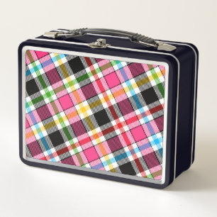 Pink Black Multicolour Flannel Plaid Tartan Metal Lunch Box