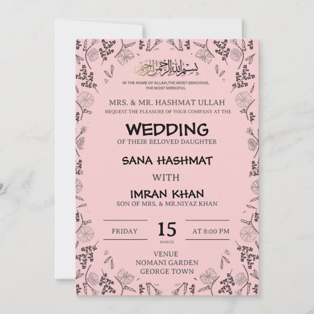 Pink & Black Muslim Wedding Invitation (Front)