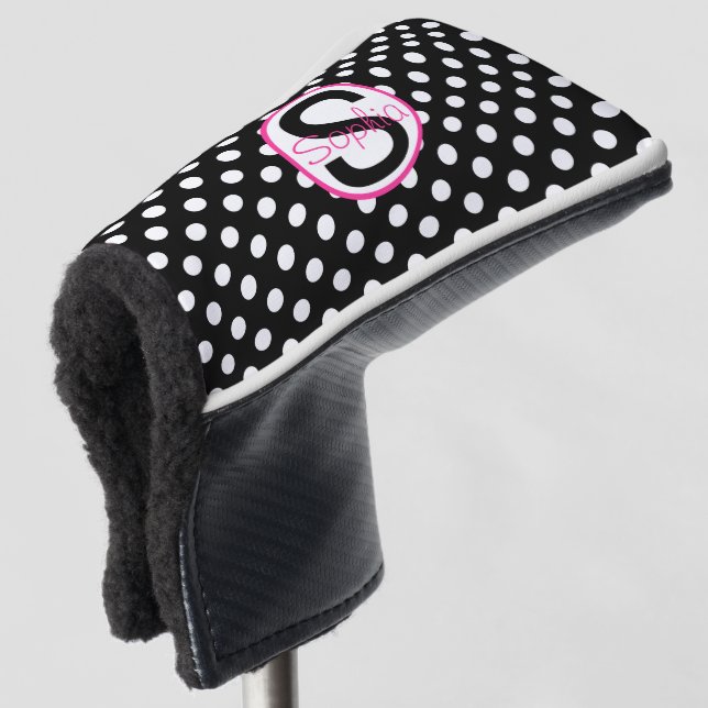 Pink Black Name Initial with Polka Dots Golf Head Cover (3/4 Front)