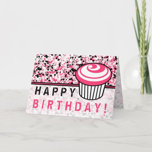 Pink & Black Paint Splatter Birthday Card (Front)