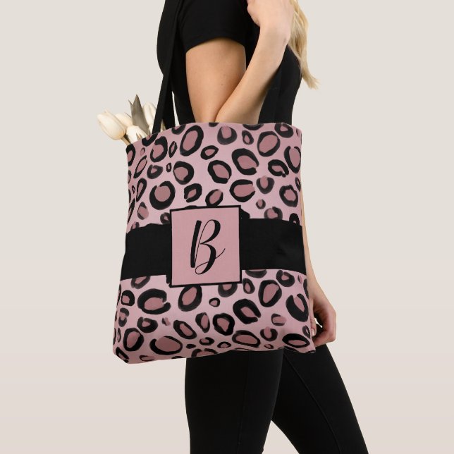 Pink & Black Painted Cheetah Leopard Print Spots Tote Bag (Close Up)