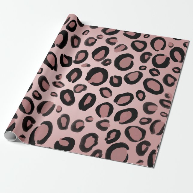 Pink & Black Painted Cheetah Leopard Print Spots Wrapping Paper (Unrolled)