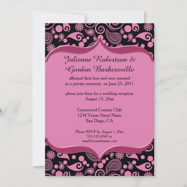 Pink Black Paisley Ornate Pink Frame Post Wedding Invitation (Front)
